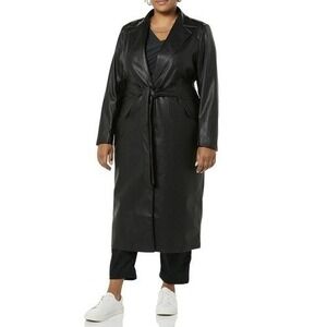 Terea By Andrea Pitter‎ Black Faux Leather Long Coat Belt TR311 Large NWT